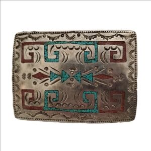 Vintage Turquoise and Coral Chip Inlay Belt Buckle